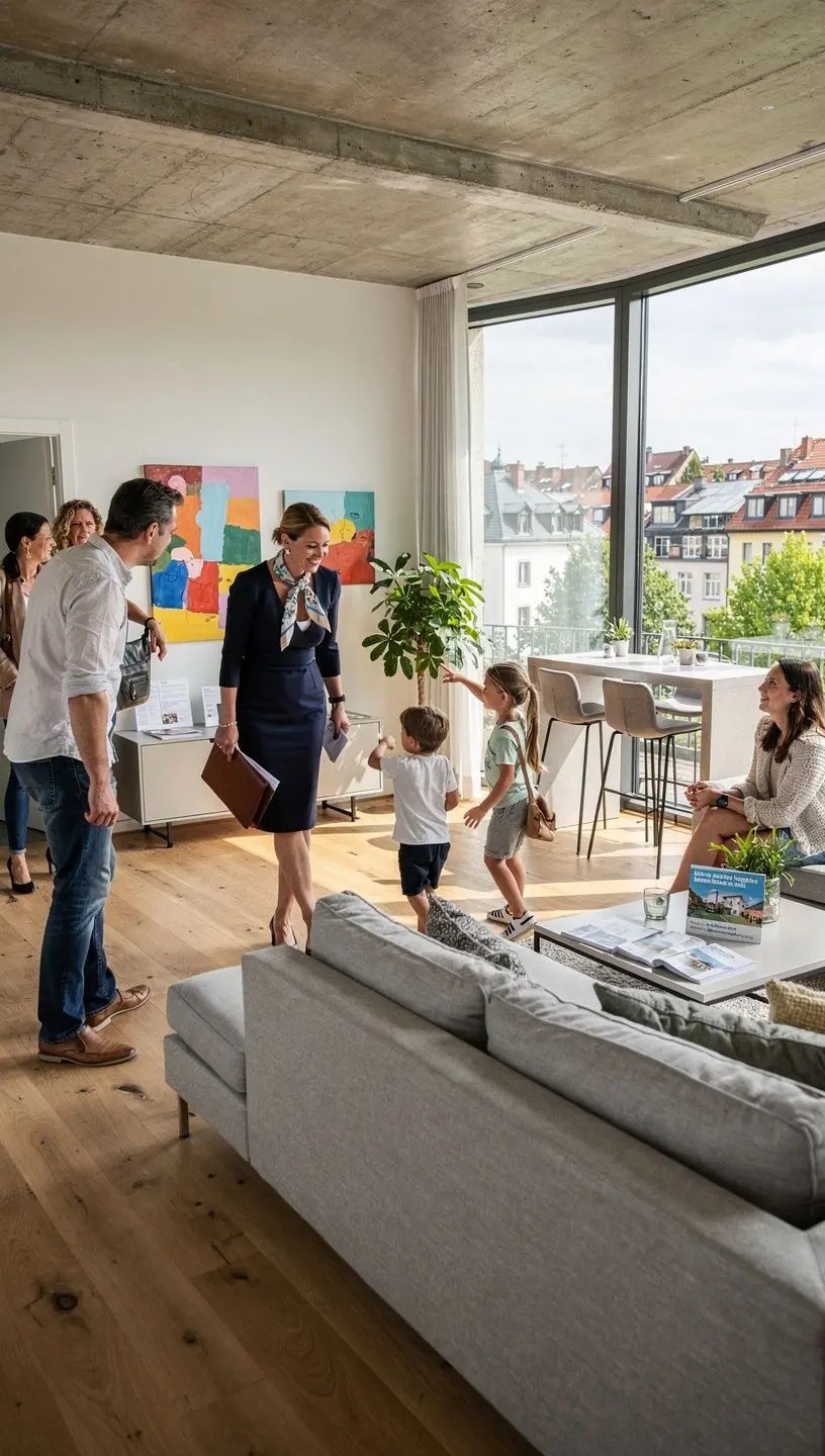 Glückliche Familie vor ihrem neuen Zuhause mit Schlüsselübergabe und strahlenden Gesichtern